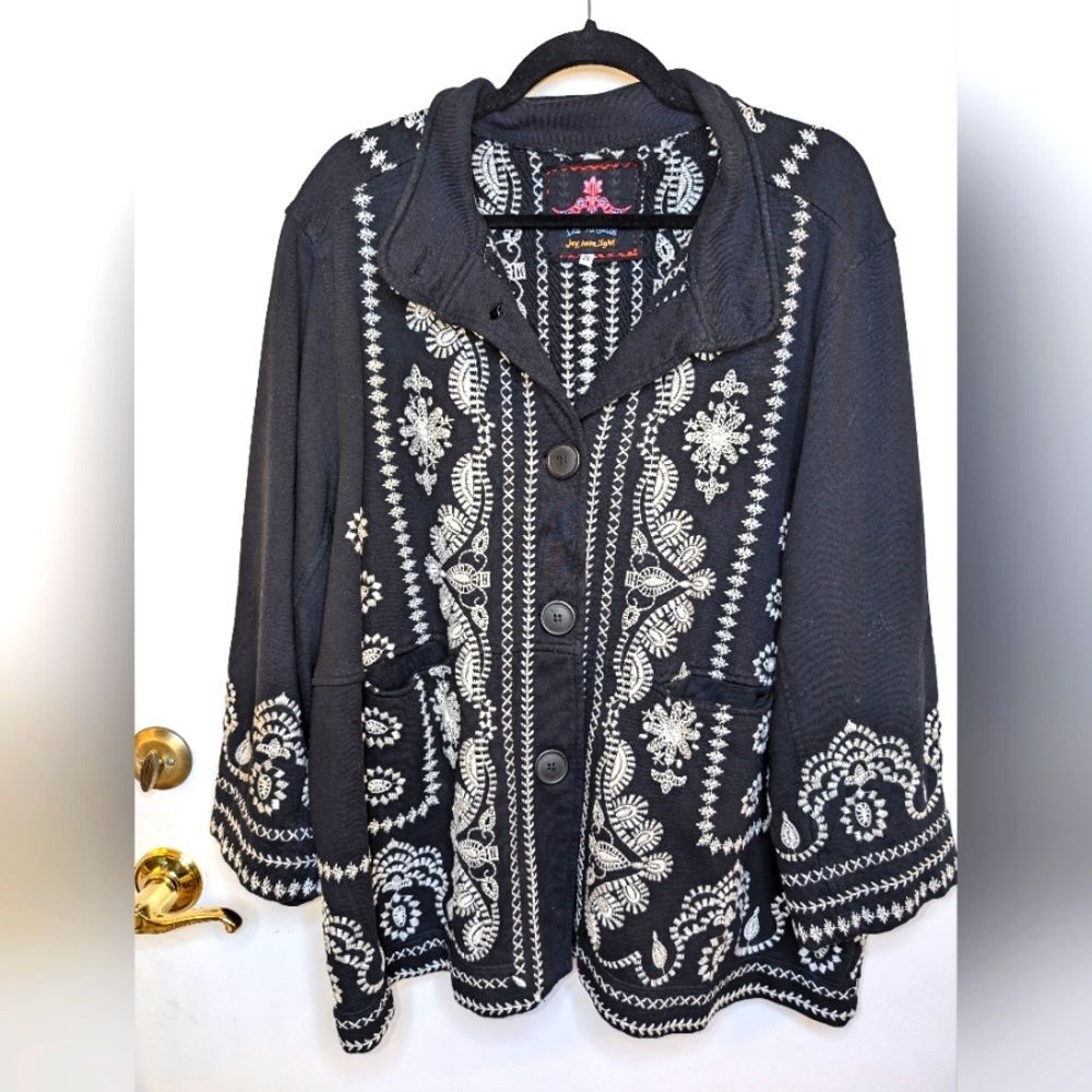 Johnny Was Collection Plus Everly Embroidered Pea Coat Women's 2X Black Cotton